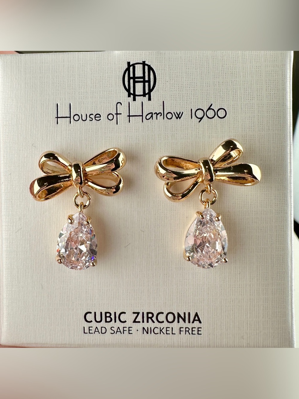 House of Harlow 1960 Gold Bow Cubic Zirconia Drop Earrings